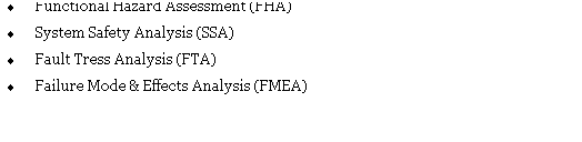 Text Box: �&nbsp;Functional Hazard Assessment (FHA)
�&nbsp;System Safety Analysis (SSA)
�&nbsp;Fault Tress Analysis (FTA)
�&nbsp;Failure Mode & Effects Analysis (FMEA)
